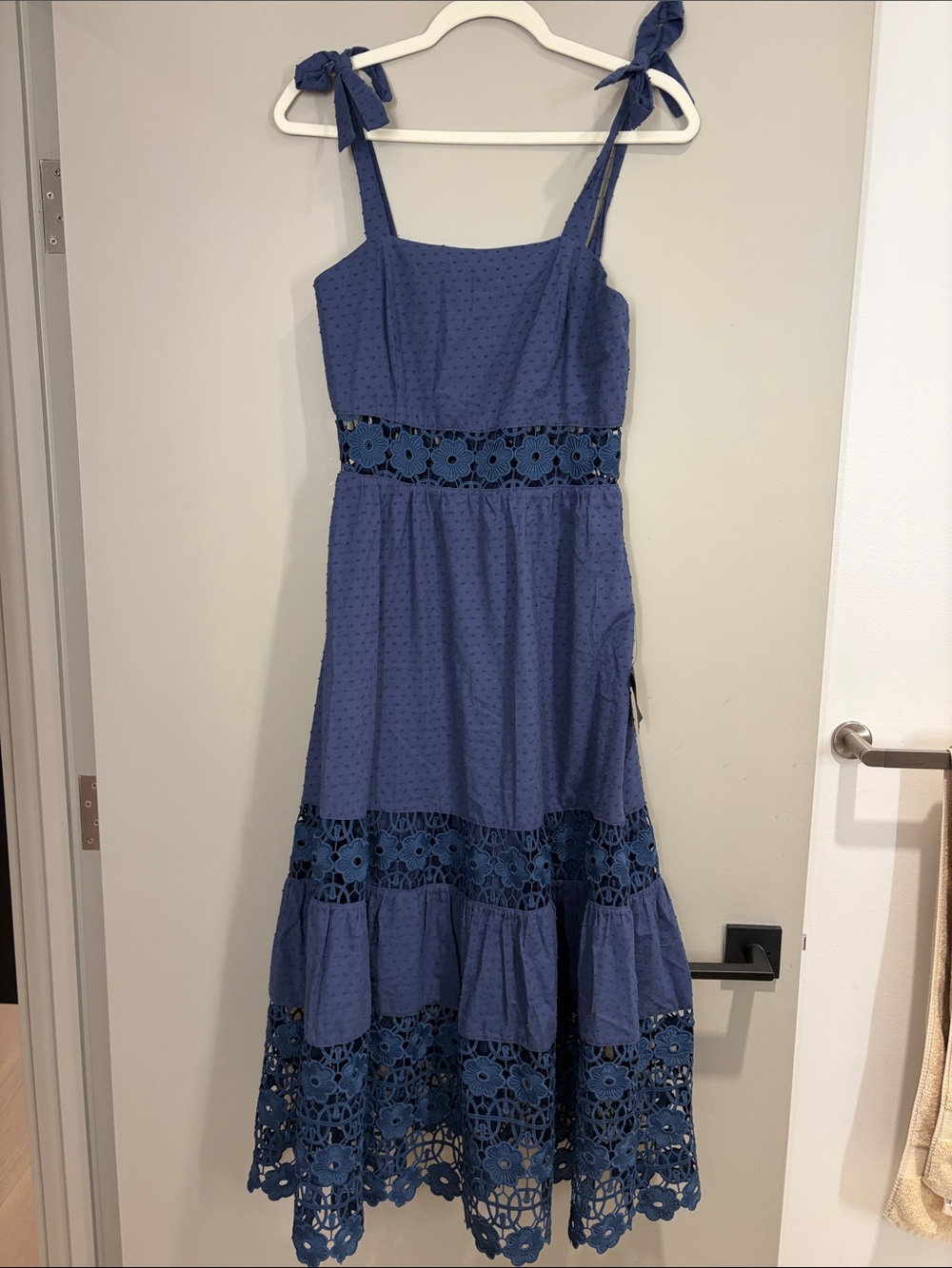 Women’s Blue Eyelet Tiered Sundress with Floral Lace Trim
